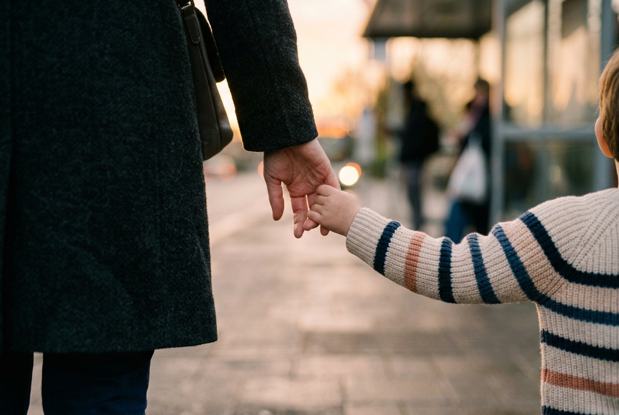 가을 공원 산책로에서 아이 손을 잡고 걷는 부모의 뒷모습 — 연출 이미지