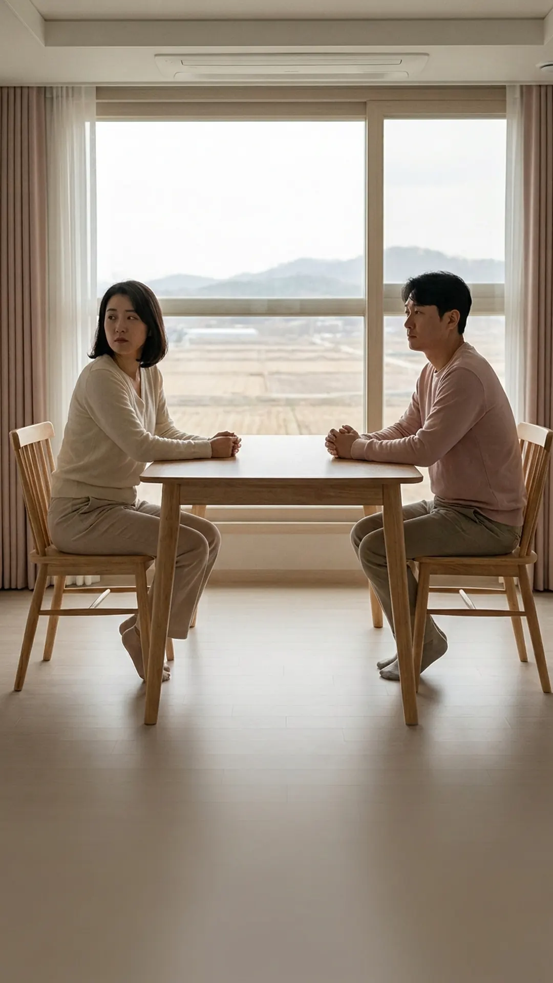 거실 식탁에 마주 앉아 이야기를 나누는 부부 — 연출 이미지