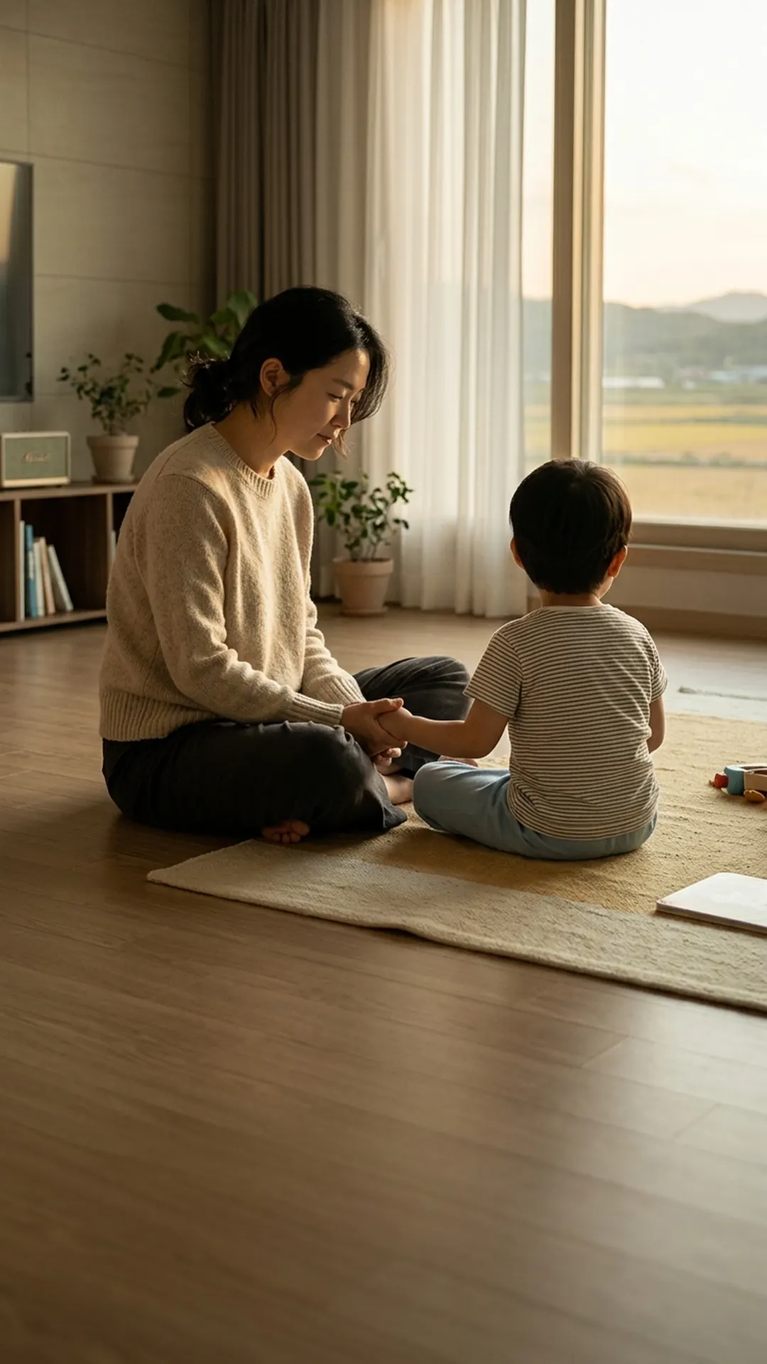 거실 바닥에서 아이와 마주 앉아 대화하는 부모 — 연출 이미지