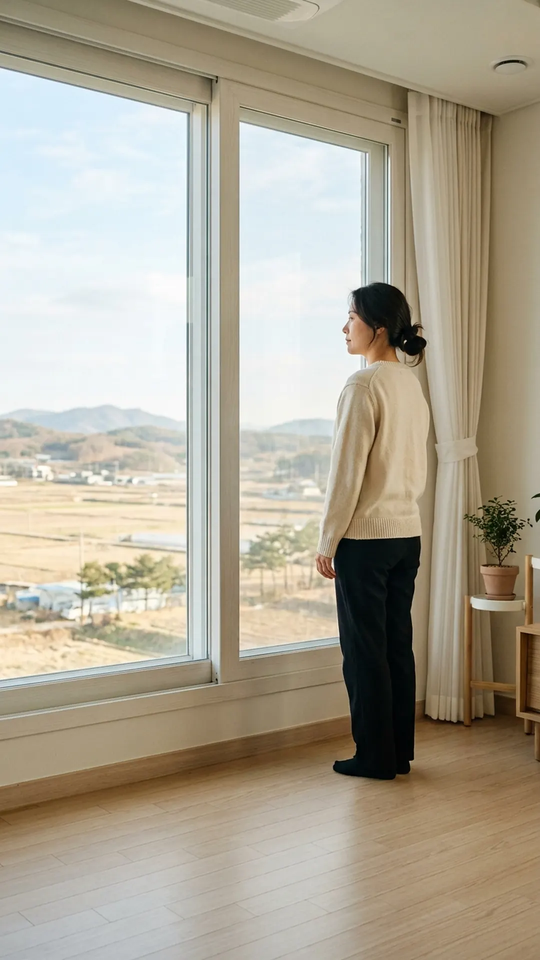 창가에 서서 생각에 잠긴 여성 — 연출 이미지